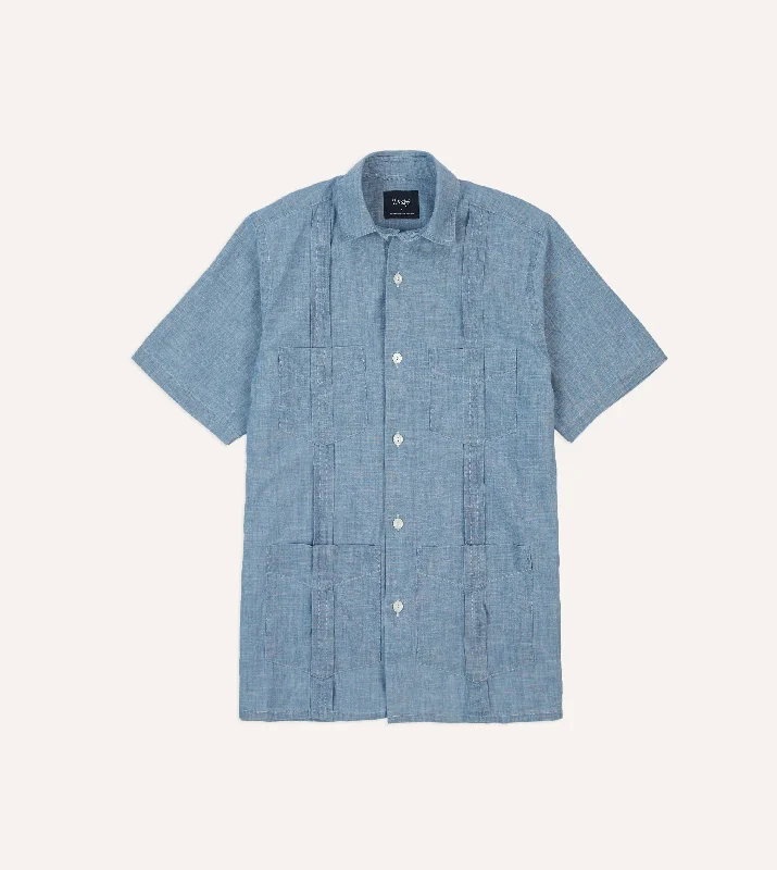 Men's Wrinkle - Resistant Polyester Blend Casual Shirts for Easy Travel and MaintenanceBlue Chambray Short Sleeve Cuban Shirt