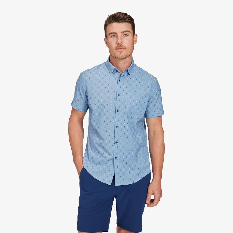 Men's Linen Blend Casual Shirts with Roll - Up Sleeves for a Summer Beach LookBlue Yellow Leaf Print