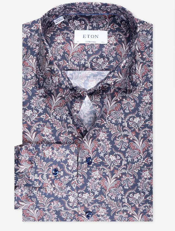 Men's Slim - Fit Printed Floral Casual Shirts in Pastel Colors for a Spring - Inspired VibeContemporary Jacobean Pattern Shirt Navy