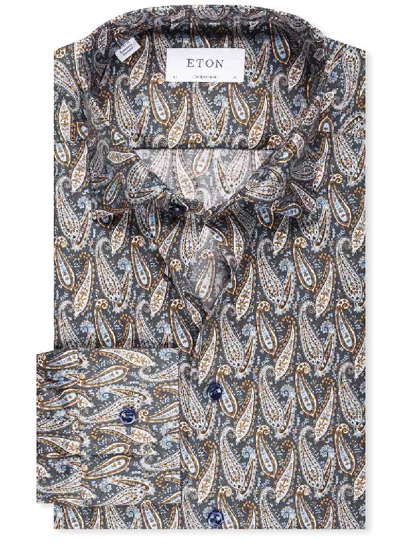 Men's Embroidered Detail Casual Shirts in Beige for a Touch of EleganceContemporary Paisley Shirt Navy