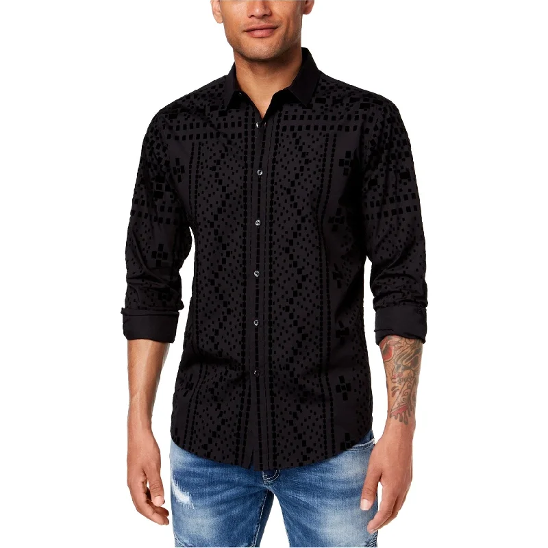 Men's Two - Tone Contrast Panel Casual Shirts in White and Navy for a Stylish and Eye - Catching DesignI-N-C Mens Flocked Pattern Button Up Shirt, Black, Small