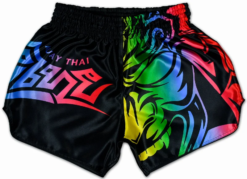 Men's floral print silk blend shorts for a unique night - out lookLGBT Muay Thai Boxing Shorts ★ Samurai Tribal (rainbow) handcrafted by a LadyBoy ⚧