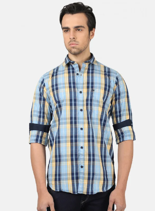 Men's Linen Blend Casual Shirts with Roll - Up Sleeves for a Summer Beach LookMen Blue Check Shirts