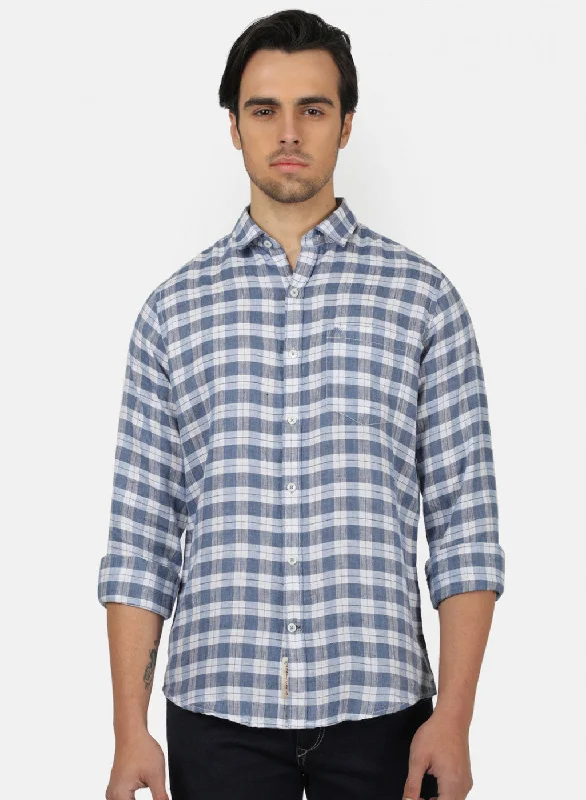 Men's Two - Tone Contrast Panel Casual Shirts in White and Navy for a Stylish and Eye - Catching DesignMen Blue Check Shirts