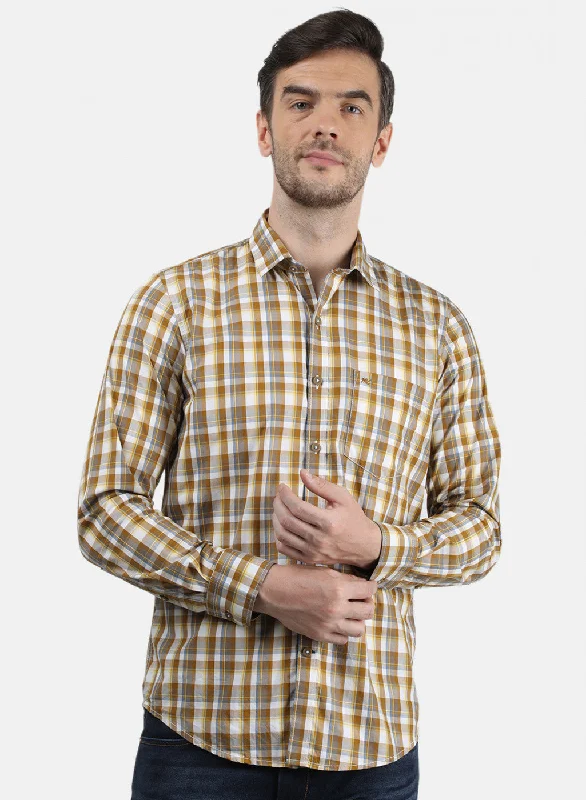 Plus Size Men's Striped Chambray Casual Shirts with a Spread Collar for a Preppy AppearanceMen Brown Check Shirt