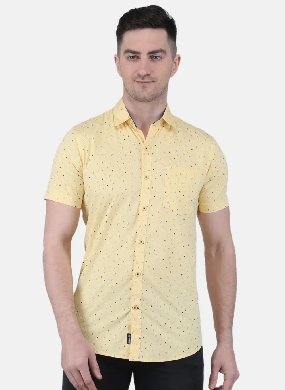 Men's Distressed Denim Casual Shirts with Frayed Edges for a Trendy and Rugged LookMen Yellow Printed Shirt