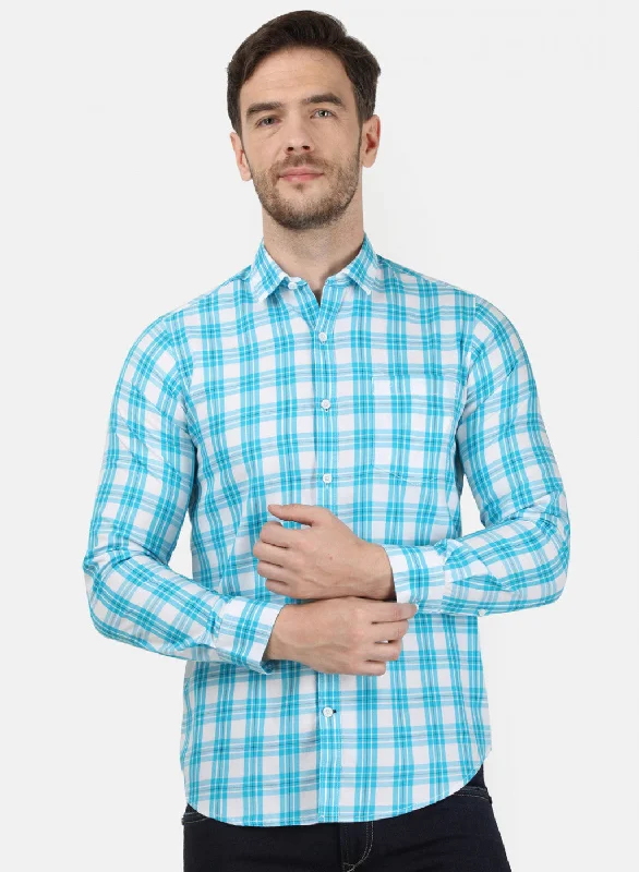 Men's Linen Blend Casual Shirts with Roll - Up Sleeves for a Summer Beach LookMens Blue Check Shirts