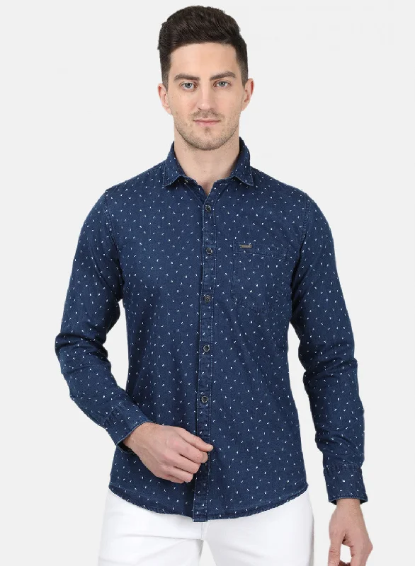 Men's Linen Blend Casual Shirts with Roll - Up Sleeves for a Summer Beach LookMens Blue Printed Shirt