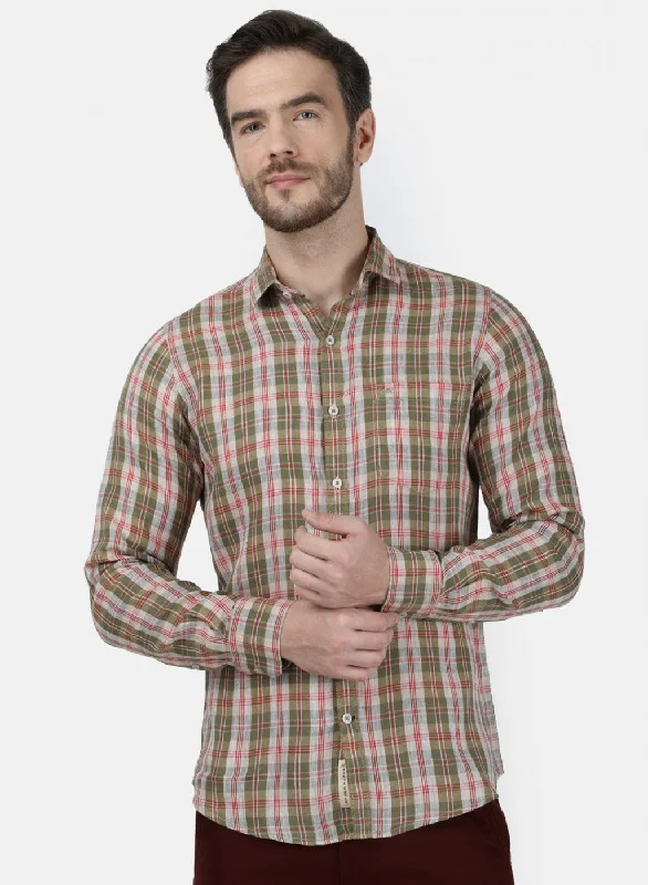 Men's Wrinkle - Resistant Polyester Blend Casual Shirts for Easy Travel and MaintenanceMens Olive Check Shirt