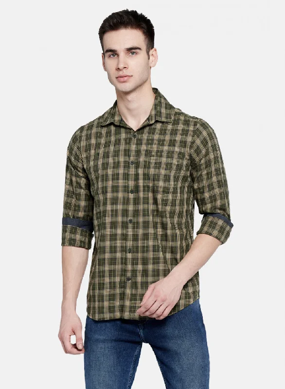 Men's Wrinkle - Resistant Polyester Blend Casual Shirts for Easy Travel and MaintenanceMens Olive Check Shirt