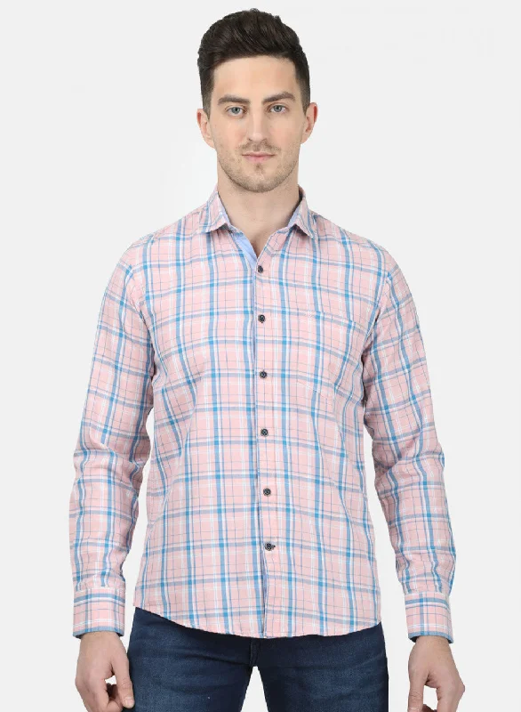 Men's Linen Blend Casual Shirts with Roll - Up Sleeves for a Summer Beach LookMens Peach Check Shirt