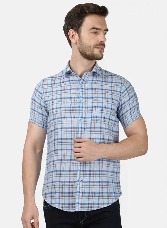 Plus Size Men's Striped Chambray Casual Shirts with a Spread Collar for a Preppy AppearanceMens Sky Blue Check Shirt