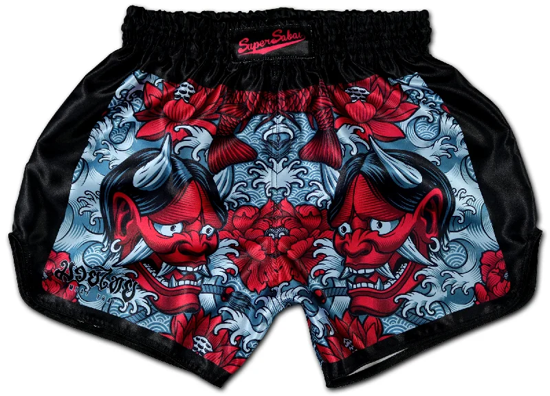 Men's moisture - wicking performance shorts for sweaty outdoor activitiesMuay Thai Boxing Shorts ? Oni Mask 鬼 Devil's Koi