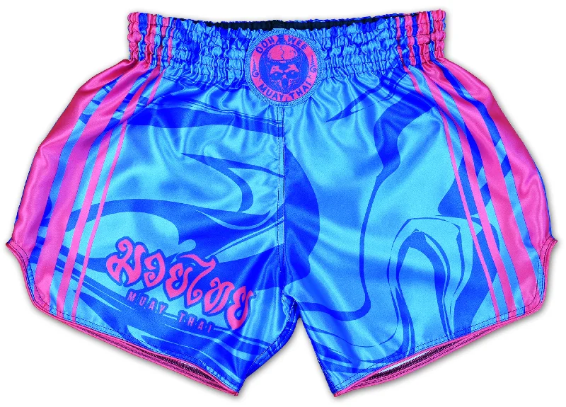 Men's distressed cotton shorts for a bohemian - inspired styleMuay Thai Shorts ★ Art of 8 Limbs (blue/pink) by OOWEE