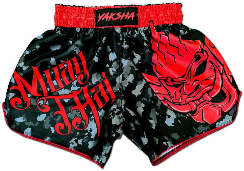 Men's plaid pattern wool blend shorts for a preppy fall styleMuay Thai Shorts ★ Black Camouflage by YAKSHA