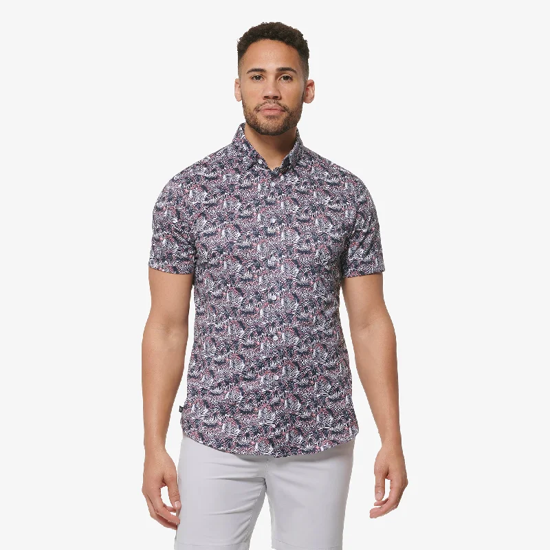 Men's Linen Blend Casual Shirts with Roll - Up Sleeves for a Summer Beach LookNavy Blazer Palm Print