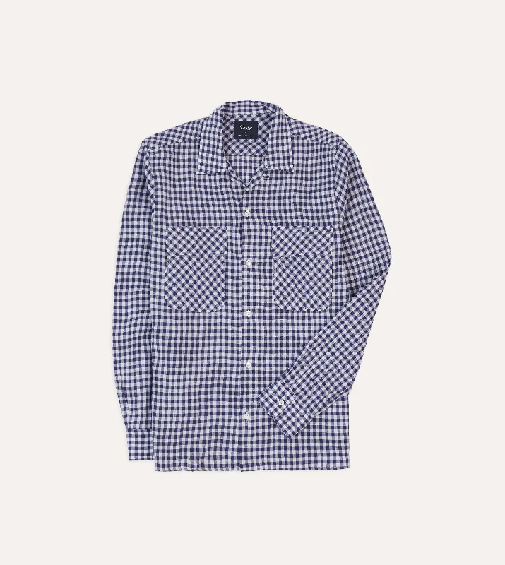 Plus Size Men's Striped Chambray Casual Shirts with a Spread Collar for a Preppy AppearanceNavy Gingham Check Linen Camp Collar Long Sleeve Shirt