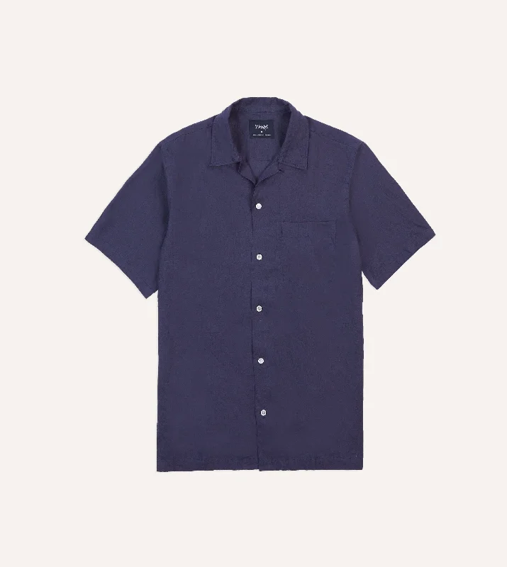 Men's Wrinkle - Resistant Polyester Blend Casual Shirts for Easy Travel and MaintenanceNavy Linen Camp Collar Short Sleeve Shirt