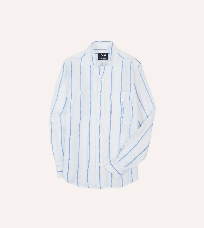 Plus Size Men's Striped Chambray Casual Shirts with a Spread Collar for a Preppy AppearanceNavy Wide Stripe Linen Spread Collar Shirt