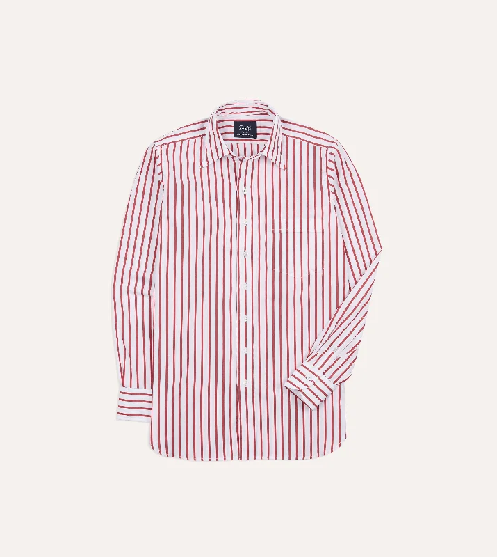 Men's Linen Blend Casual Shirts with Roll - Up Sleeves for a Summer Beach LookRed and White Stripe Cotton Poplin Long Point Collar Shirt