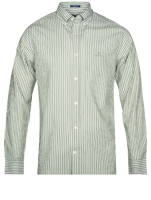 Men's Linen Blend Casual Shirts with Roll - Up Sleeves for a Summer Beach LookRegular Fit Stripe Broadcloth Shirt Kalamata Green