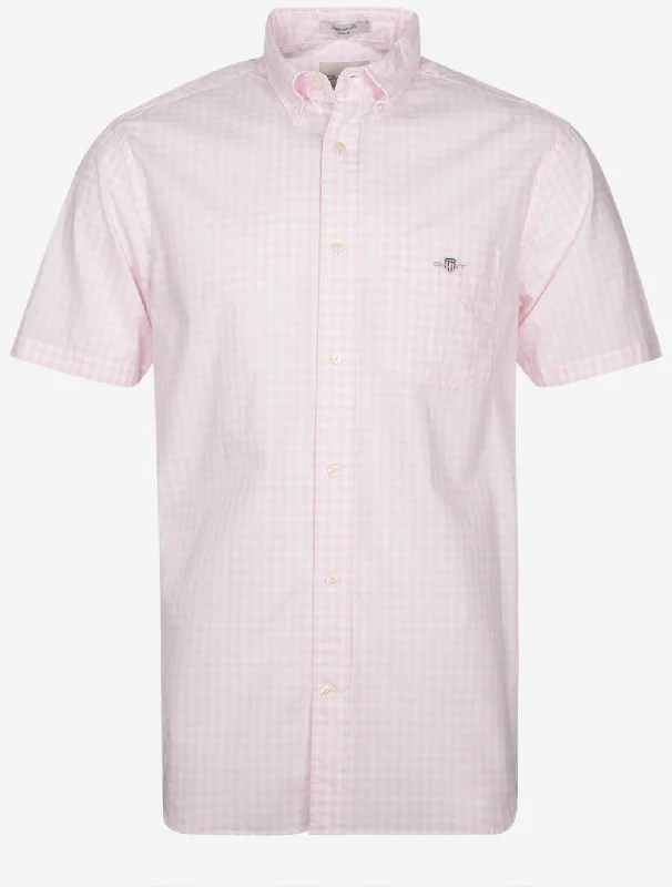 Men's Linen Blend Casual Shirts with Roll - Up Sleeves for a Summer Beach LookRegular Poplin Gingham Short Sleeve Shirt Light Pink