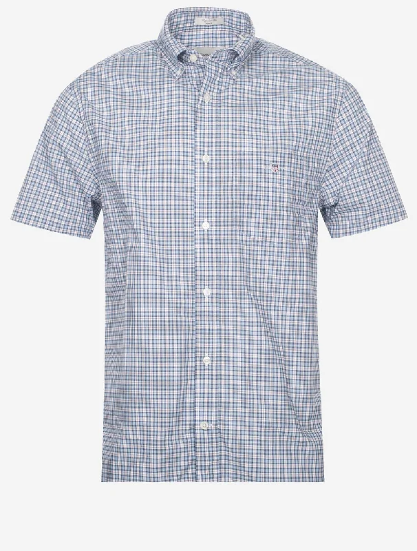 Plus Size Men's Striped Chambray Casual Shirts with a Spread Collar for a Preppy AppearanceRegular Poplin Microcheck Short Sleeve Shirt Dove Blue