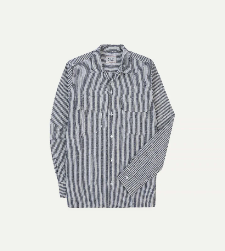 Men's Thermal - Lined Casual Shirts in Black for Added Warmth in Cold WeatherSt. JOHN by Drake's Indigo Stripe Linen Camp Collar Long Sleeve Shirt