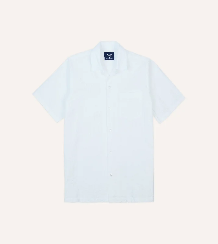 Men's Two - Tone Contrast Panel Casual Shirts in White and Navy for a Stylish and Eye - Catching DesignWhite Cotton-Linen Seersucker Camp Collar Short Sleeve Shirt