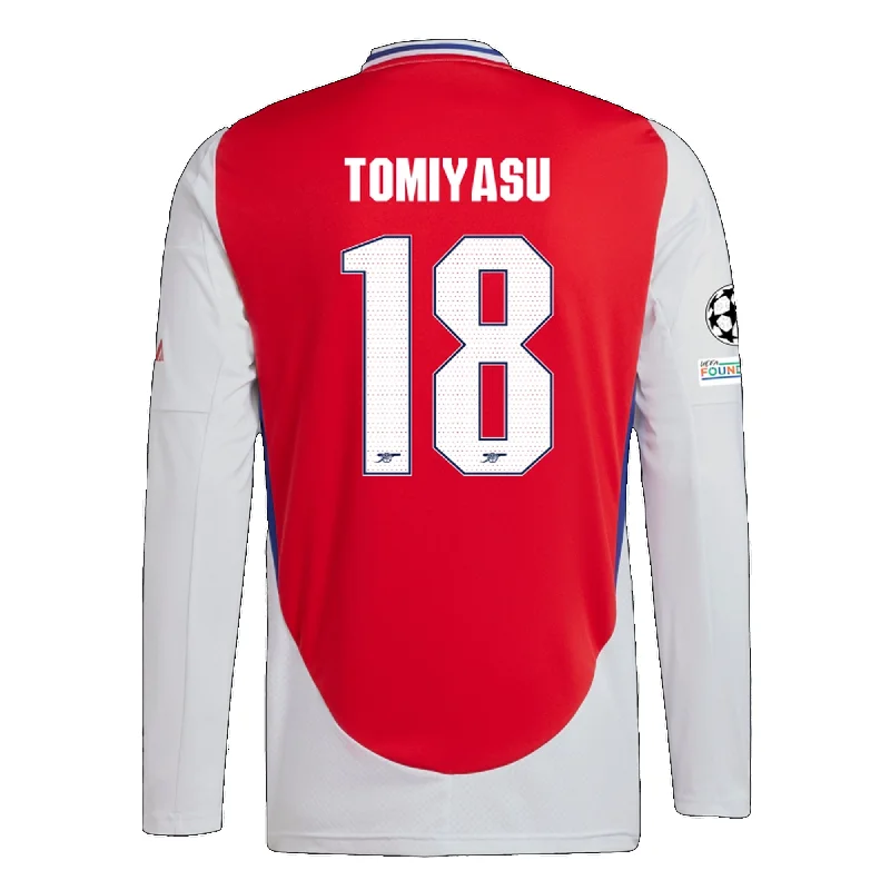 Men's Basketball Jerseys with Signature Player Logos for a Fan - Favorite Lookadidas Arsenal Takehiro Tomiyasu Home Long Sleeve Jersey w/ Champions League Patches 24/25 (Better Scarlet/White)