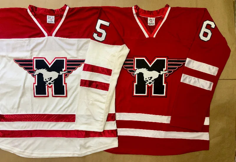 Men's Football Jerseys with Embroidered Club Badges for a Premium and Authentic AppealRed and White Hockey Jerseys with the Mustangs Embroidered Twill Logo