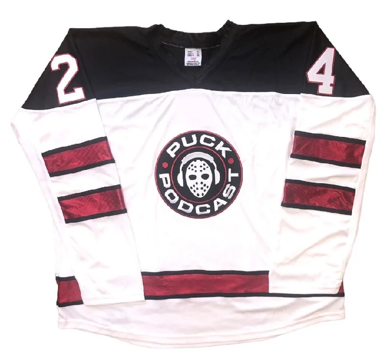 Men's Retro Hockey Jerseys with Classic Stripes and Logos for a Nostalgic Hockey AestheticCustom Hockey Jerseys with a Puck Podcast Embroidered Twill Logo