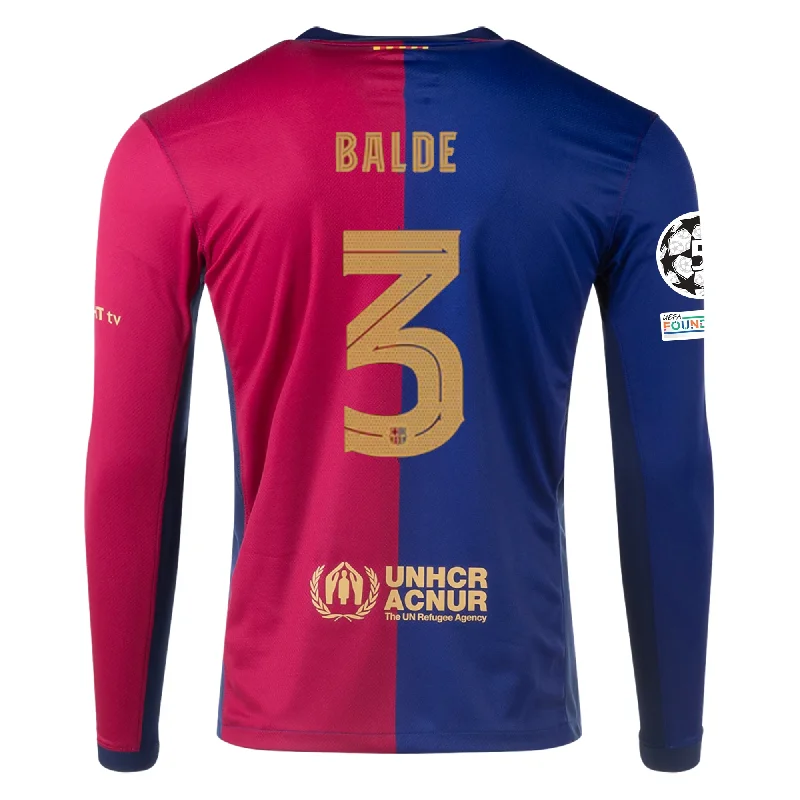 Men's Football Jerseys with Embroidered Club Badges for a Premium and Authentic AppealNike Barcelona Alejandro Balde Home Long Sleeve Jersey w/ Champions League Patches 24/25 (Royal/Nobel Red/Club Gold)