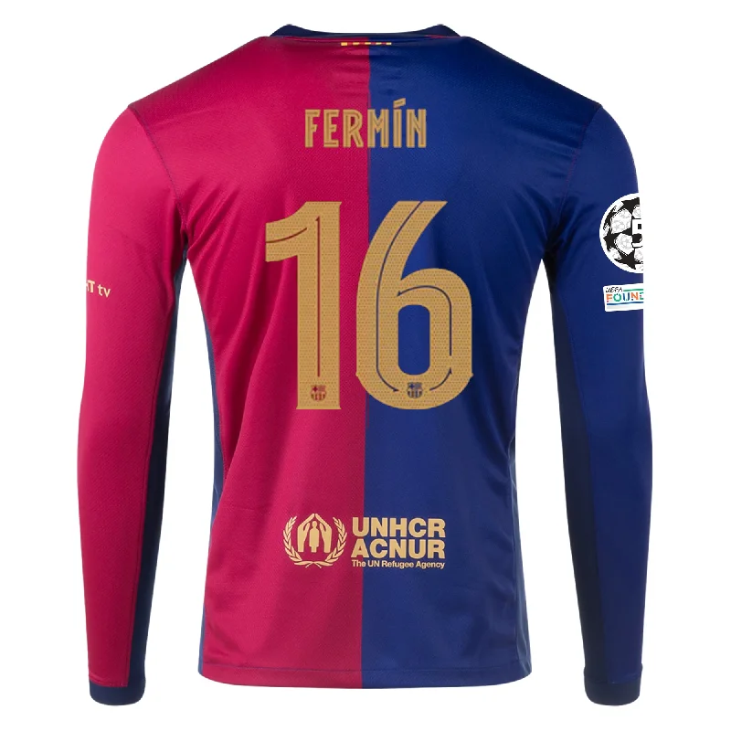 Men's Retro Hockey Jerseys with Classic Stripes and Logos for a Nostalgic Hockey AestheticNike Barcelona Fermín López Home Long Sleeve Jersey w/ Champions League Patches 24/25 (Royal/Nobel Red/Club Gold)