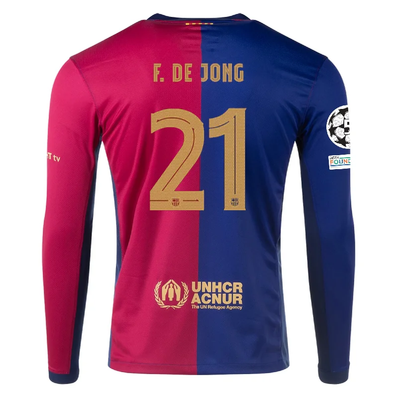 Men's Custom - Printed Baseball Jerseys with Player Names and Numbers for Personalized StyleNike Barcelona Frenkie De Jong Home Long Sleeve Jersey w/ Champions League Patches 24/25 (Royal/Nobel Red/Club Gold)