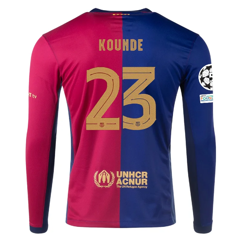 Men's Replica Hockey Jerseys of Star Players for Devoted Ice Hockey SupportersNike Barcelona Jules Koundé Home Long Sleeve Jersey w/ Champions League Patches 24/25 (Royal/Nobel Red/Club Gold)