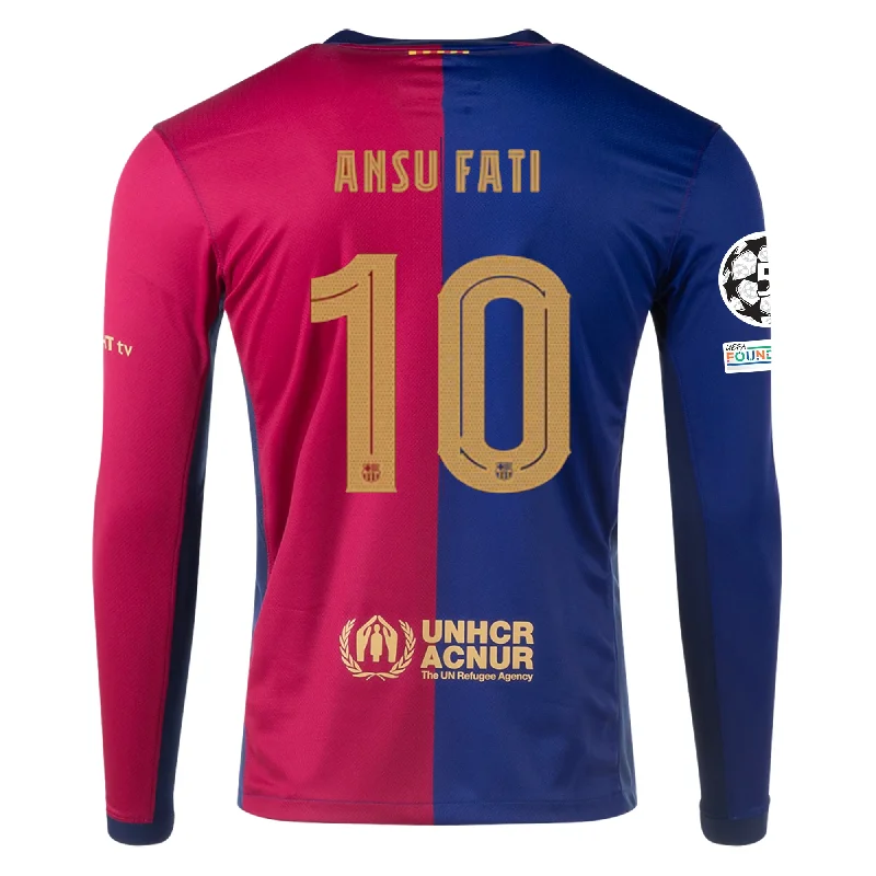 Men's Limited - Release American Football Jerseys of Rookie Stars for Early Adopters and FansNike Barcelona Ansu Fati Home Long Sleeve Jersey w/ Champions League Patches 24/25 (Royal/Nobel Red/Club Gold)