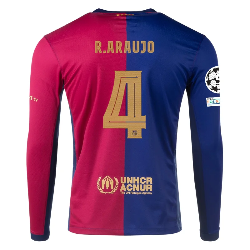 Men's Retro Soccer Jerseys of Famous Clubs from the 90s for Nostalgic Football EnthusiastsNike Barcelona Ronald Araujo Home Long Sleeve Jersey w/ Champions League Patches 24/25 (Royal/Nobel Red/Club Gold)