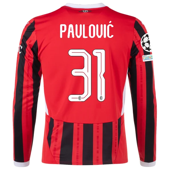 Men's Breathable Polyester Running Jerseys in Bright Neon Colors for High - Visibility WorkoutsPuma AC Milan Strahinja Pavlović Home Long Sleeve Jersey w/ Champions League Patches 24/25 (Red/Black)