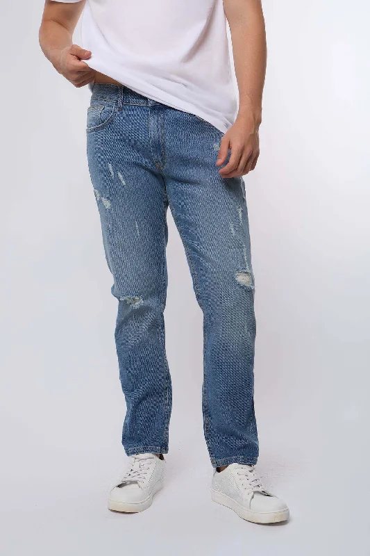 Men's Distressed Jeans with Patches for a Retro and DIY - Inspired AppearanceDenim