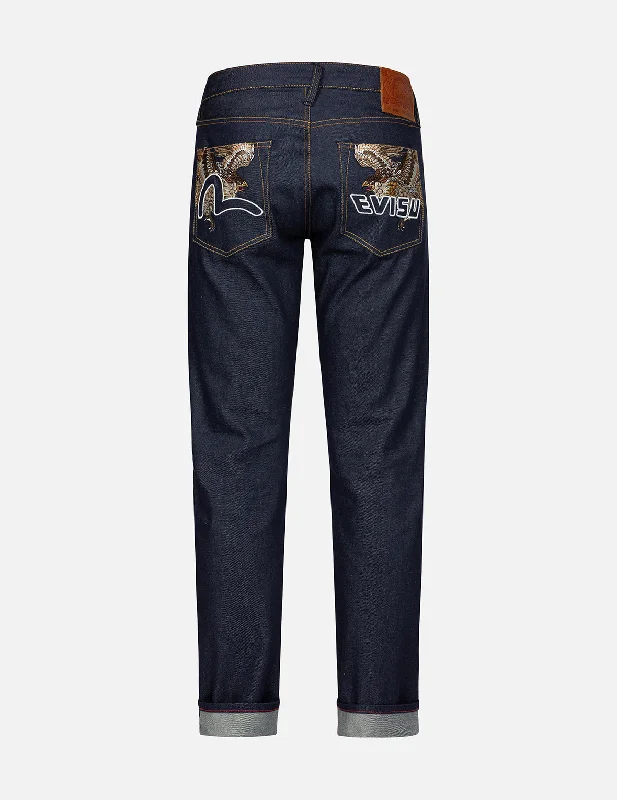 Men's Stretch Jeans with a Moisture - Wicking Lining for Active LifestylesBrocade Kamon and Seagull Embroidery Slim-Fit Jeans #2010