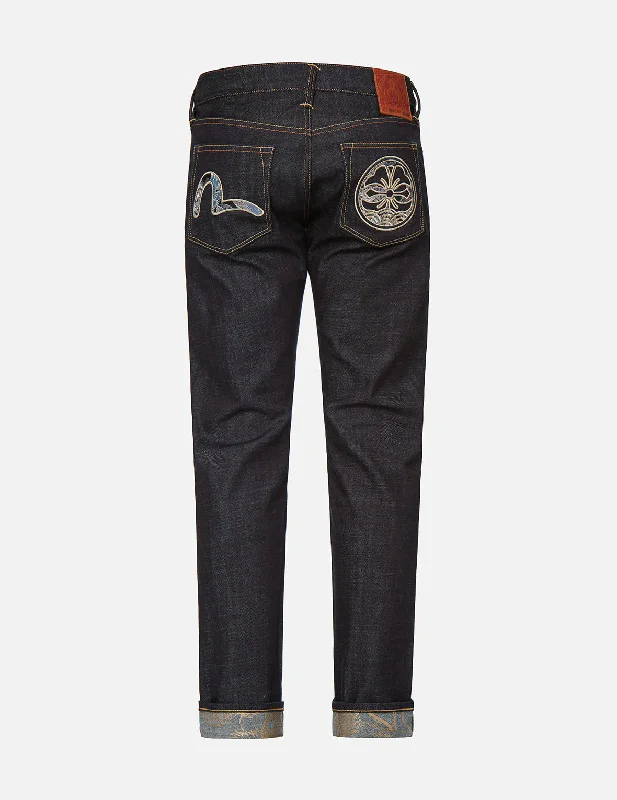 Men's Jeans with a Cargo - Inspired Knee Pocket for Extra StorageBrocade Seagull and Kamon Appliqué Slim Straight fit Jeans #2010