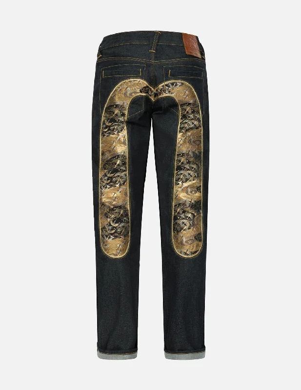 Plus Size Men's Relaxed Fit Jeans with a Faded Wash for a Vintage - Inspired LookCrane Embrodiery Brocade Daicock Regular Straight Fit Jeans #2008