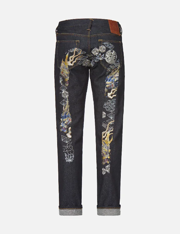 Men's Ripped Skinny Jeans in Acid Wash for an Edgy and Punk - Inspired StyleDragon and Kanji Daicock Embroidered Slim Straight fit Jeans #2010