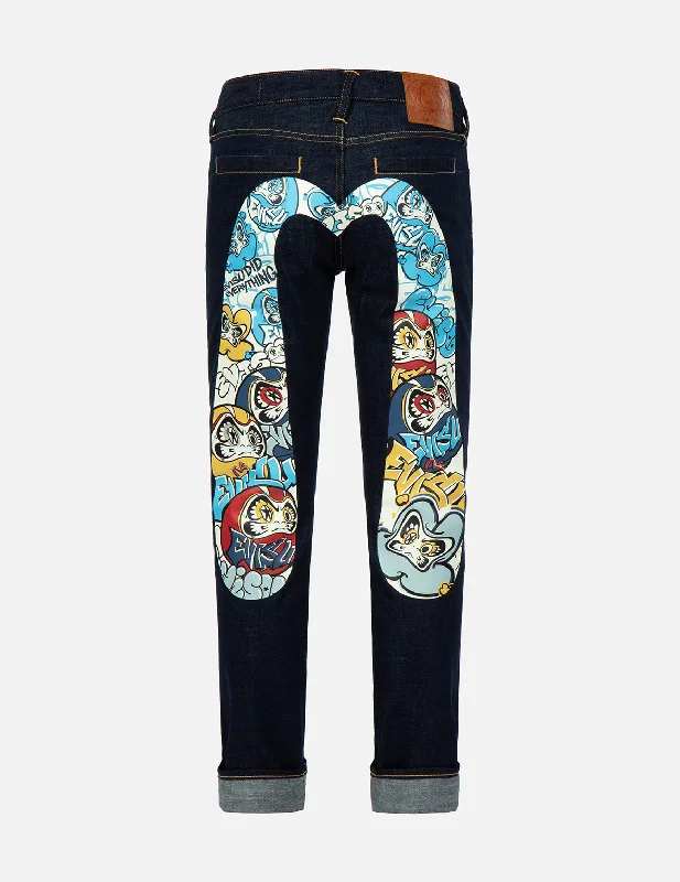 Men's Jeans with a Zip - Off Lower Leg for Convertible StyleGraffiti Daruma-pattern Daicock Print Slim-Fit Jeans #2010