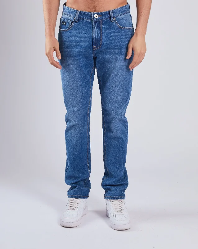 Men's Distressed Jeans with Patches for a Retro and DIY - Inspired AppearanceHolden Tapered Stone Blue