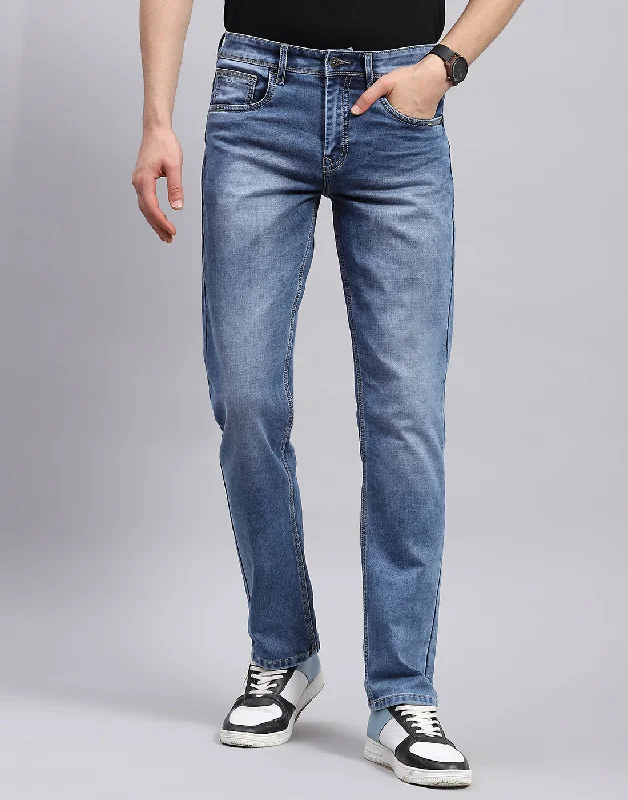 Men's Jeans with a Frayed Hem for a Casual and Effortless StyleMen Blue Solid Regular Fit Denim