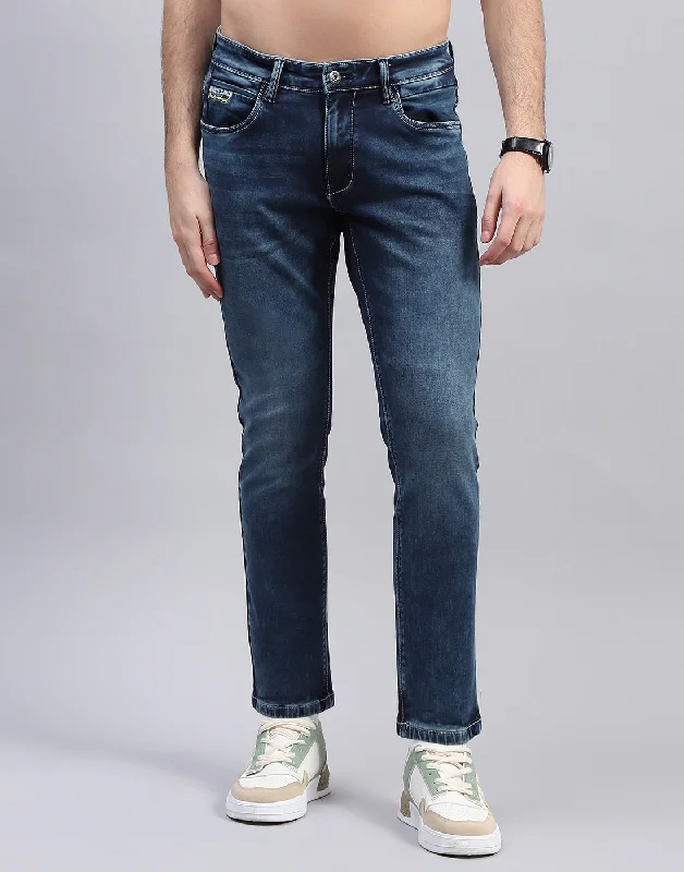 Men's Jeans with a Cargo - Inspired Knee Pocket for Extra StorageMen Blue Solid Slim Fit Denim