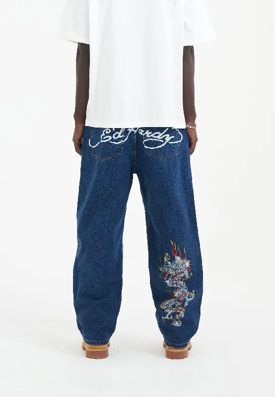 Men's Jeans with a Frayed Hem for a Casual and Effortless StyleMens Battle-Dragon Diamante Denim Trousers Jeans - Indigo