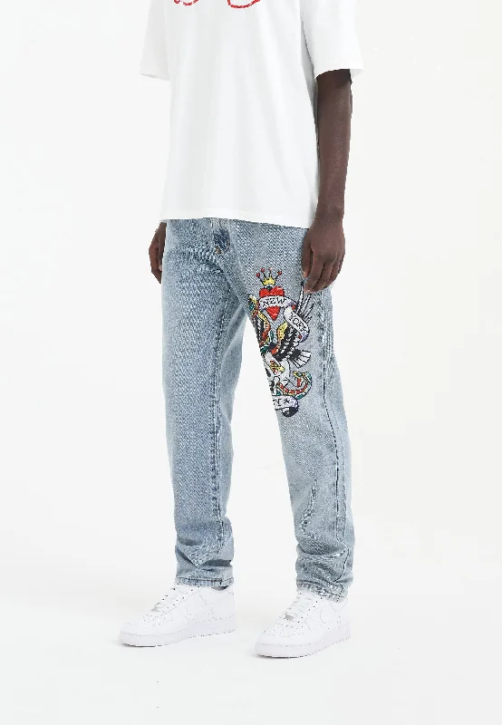 Men's High - Waisted Jeans in a Medium Wash for a Vintage - Style RevivalMens Nyc-Skull Diamante Denim Trousers Jeans - Bleach